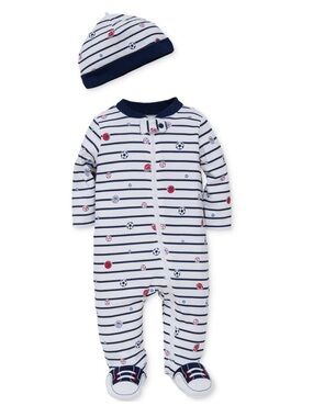 Little Me Navy Striped Sports 100% Cotton Sleeper Footie and Hat Set